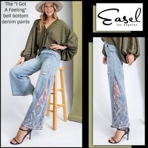 Easel Women's Light Blue Flare Jeans with Patterned Panels